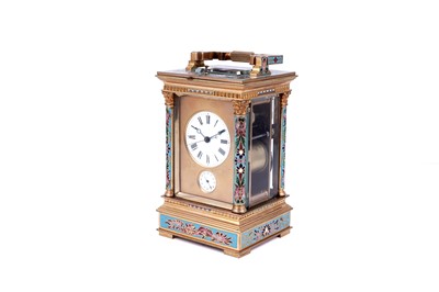 Lot 444 - French centre seconds grande sonnerie champlevé enamel carriage clock, made for the Chinese market