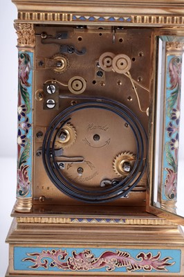 Lot 444 - French centre seconds grande sonnerie champlevé enamel carriage clock, made for the Chinese market