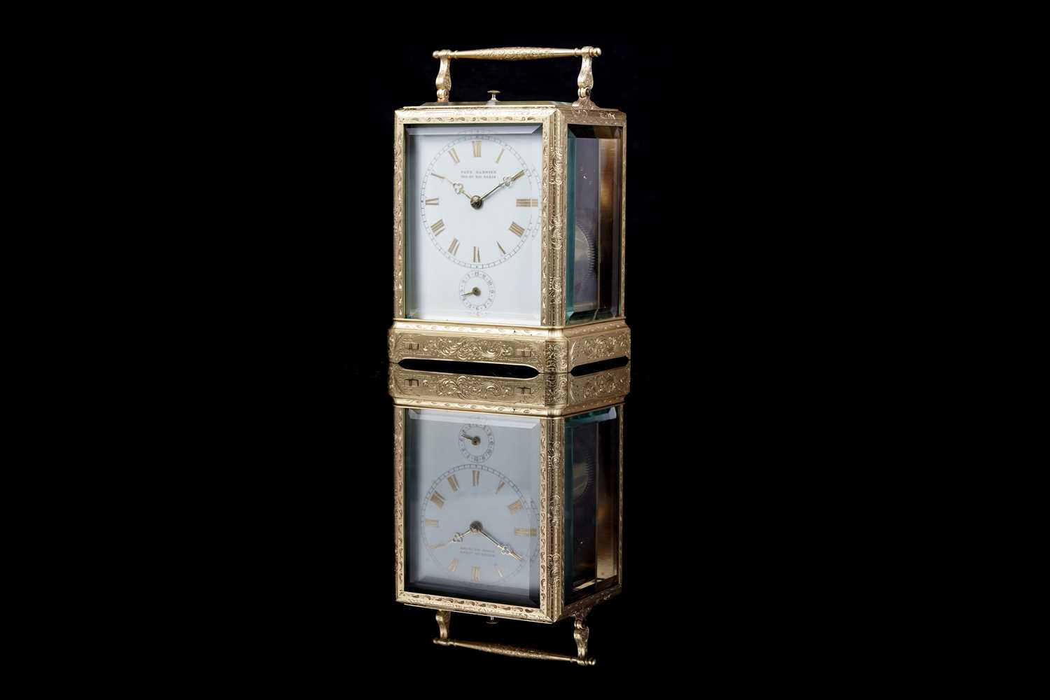 Lot 446 - Paul Garnier, Paris: a mid-19th Century engraved gilt brass musical and repeating carriage clock