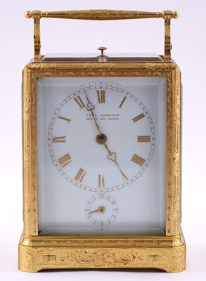 Lot 446 - Paul Garnier, Paris: a mid-19th Century engraved gilt brass musical and repeating carriage clock