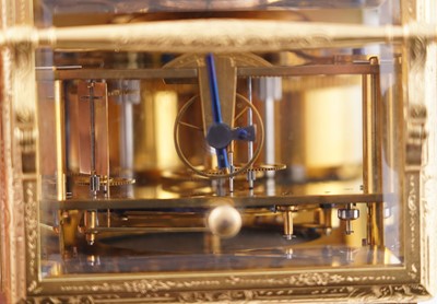 Lot 446 - Paul Garnier, Paris: a mid-19th Century engraved gilt brass musical and repeating carriage clock