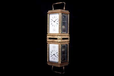 Lot 447 - A late 19th Century lacquered brass carriage alarm clock, retailed by C.J.Gaupp, Hong Kong