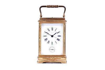 Lot 447 - A late 19th Century lacquered brass carriage alarm clock, retailed by C.J.Gaupp, Hong Kong