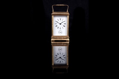 Lot 447 - A late 19th Century lacquered brass carriage alarm clock, retailed by C.J.Gaupp, Hong Kong