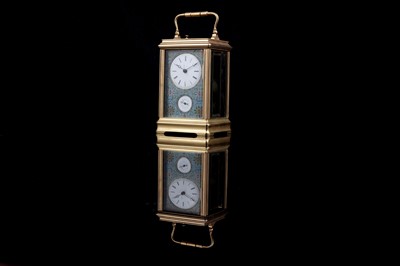 Lot 452 - A late 19th Century French gilt brass and champleve repeating carriage alarm clock