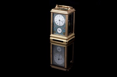 Lot 452 - A late 19th Century French gilt brass and champleve repeating carriage alarm clock