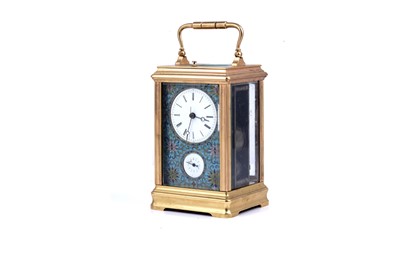 Lot 452 - A late 19th Century French gilt brass and champleve repeating carriage alarm clock