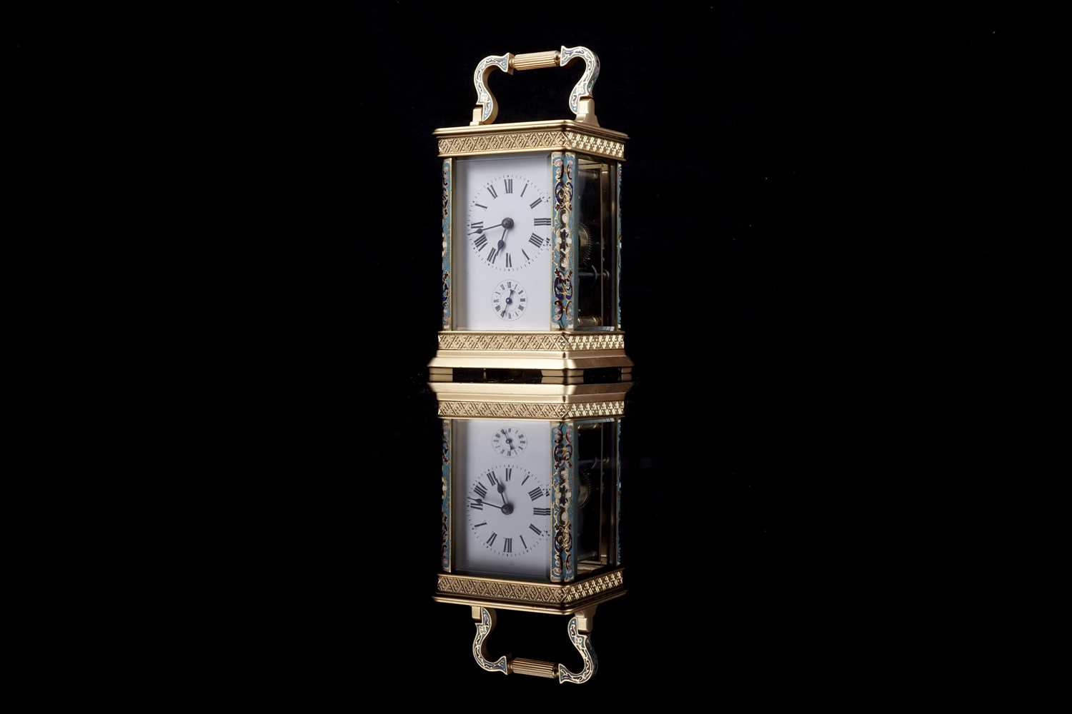 Lot 453 - Late 19th Century gilt brass and champleve enamel carriage alarm clock, for the Chinese market