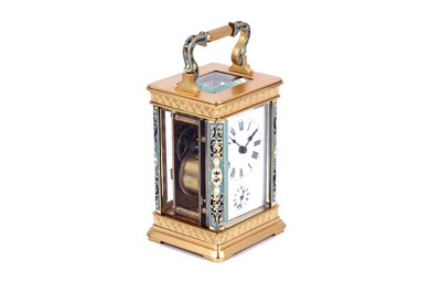 Lot 453 - Late 19th Century gilt brass and champleve enamel carriage alarm clock, for the Chinese market