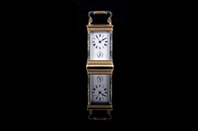 Lot 453 - Late 19th Century gilt brass and champleve enamel carriage alarm clock, for the Chinese market