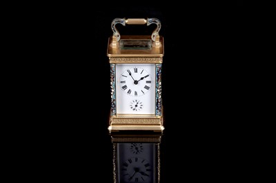 Lot 453 - Late 19th Century gilt brass and champleve enamel carriage alarm clock, for the Chinese market