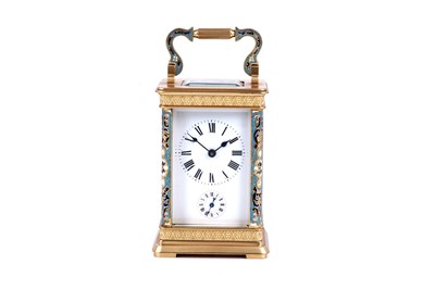 Lot 453 - Late 19th Century gilt brass and champleve enamel carriage alarm clock, for the Chinese market