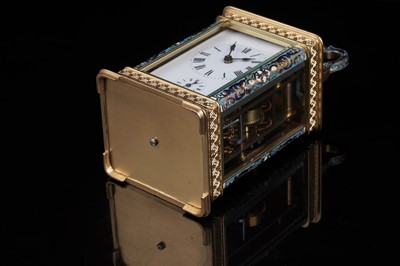 Lot 453 - Late 19th Century gilt brass and champleve enamel carriage alarm clock, for the Chinese market