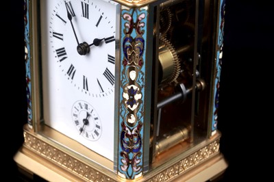 Lot 453 - Late 19th Century gilt brass and champleve enamel carriage alarm clock, for the Chinese market