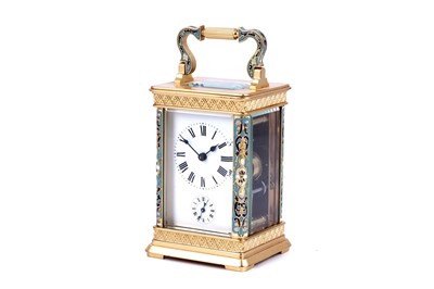 Lot 453 - Late 19th Century gilt brass and champleve enamel carriage alarm clock, for the Chinese market