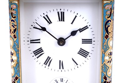Lot 453 - Late 19th Century gilt brass and champleve enamel carriage alarm clock, for the Chinese market