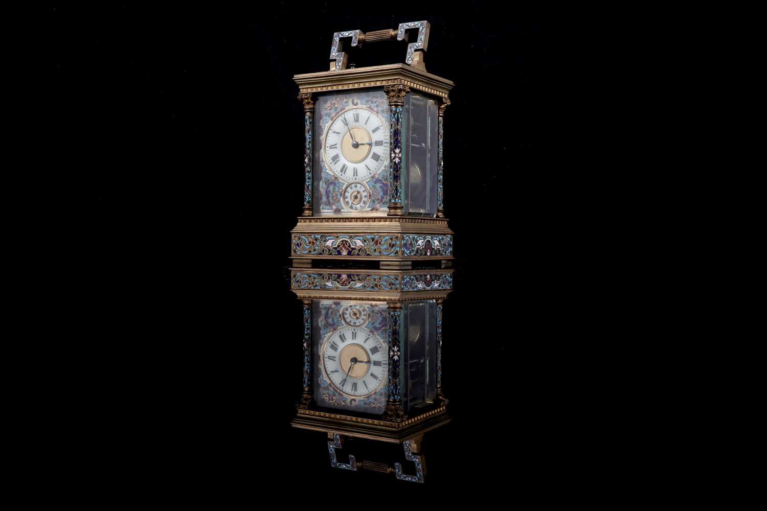 Lot 454 - A late 19th Century brass and champleve enamel petite sonnerie carriage clock