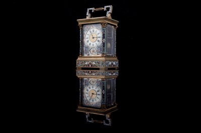 Lot 454 - A late 19th Century brass and champleve enamel petite sonnerie carriage clock