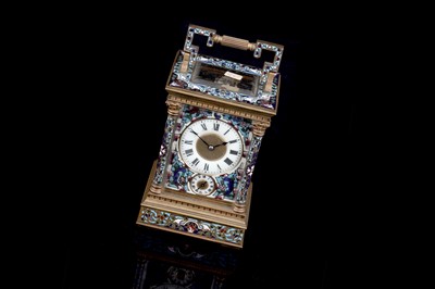 Lot 454 - A late 19th Century brass and champleve enamel petite sonnerie carriage clock