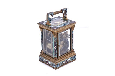 Lot 454 - A late 19th Century brass and champleve enamel petite sonnerie carriage clock