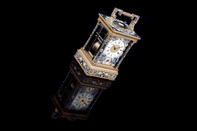 Lot 454 - A late 19th Century brass and champleve enamel petite sonnerie carriage clock