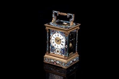 Lot 454 - A late 19th Century brass and champleve enamel petite sonnerie carriage clock