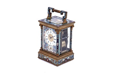 Lot 454 - A late 19th Century brass and champleve enamel petite sonnerie carriage clock