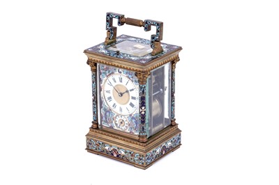 Lot 454 - A late 19th Century brass and champleve enamel petite sonnerie carriage clock