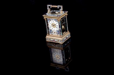 Lot 454 - A late 19th Century brass and champleve enamel petite sonnerie carriage clock
