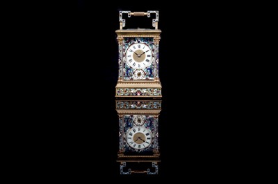 Lot 454 - A late 19th Century brass and champleve enamel petite sonnerie carriage clock