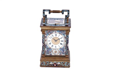 Lot 454 - A late 19th Century brass and champleve enamel petite sonnerie carriage clock
