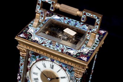 Lot 454 - A late 19th Century brass and champleve enamel petite sonnerie carriage clock
