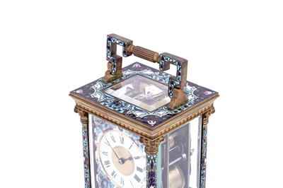 Lot 454 - A late 19th Century brass and champleve enamel petite sonnerie carriage clock