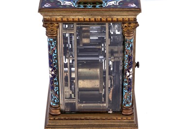 Lot 454 - A late 19th Century brass and champleve enamel petite sonnerie carriage clock