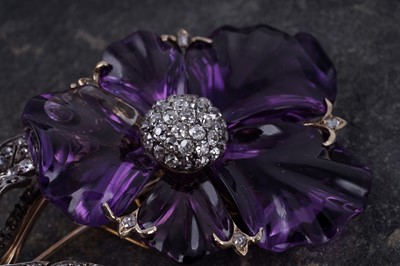 Lot 525 - A late Victorian carved amethyst and diamond pansy brooch