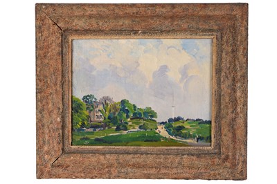Lot 86 - Norman Janes - Landscape with figures and a house | oil