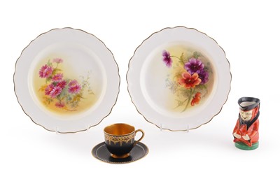 Lot 407 - A pair Worcester floral plates, coffee cup and toby jug
