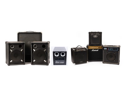 Lot 505 - A bass cabinet and two PA speakers; and other items
