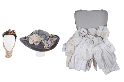 Lot 232 - A Victorian bonnet; and an Edwardian hat; and 19th Century baby dresses and accessories