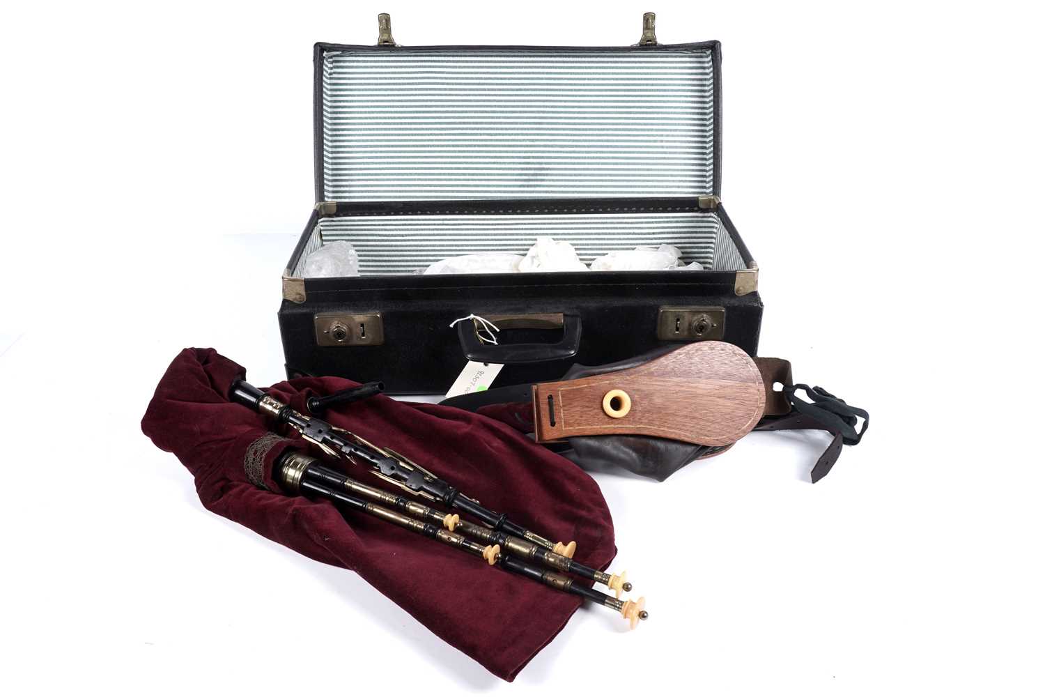 Lot 40 - David Burleigh Northumbrian pipes; and a set of mahogany and leather bellows