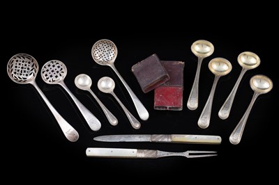 Lot 227 - A George III silver mounted mother of pearl folding fruit knife and matching fork; and other items