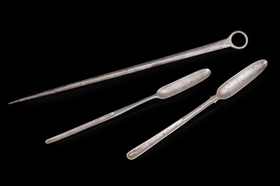 Lot 228 - A George III silver meat skewer; and two marrow scoops