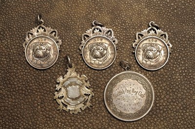 Lot 348 - Five silver Pug Dog Club fob medals