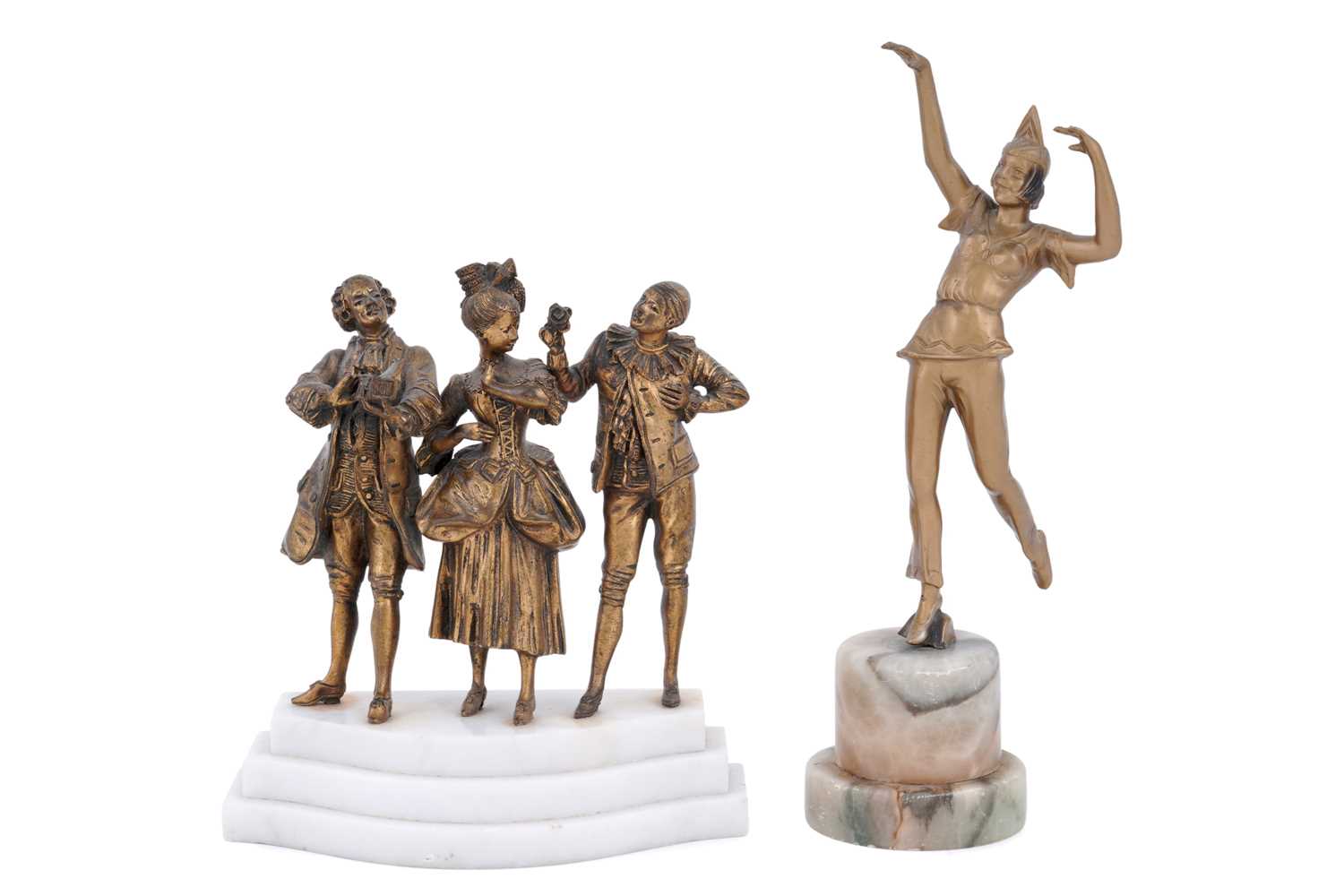 Lot 237 - A gilt bronze figure group; and a patinated spelter figure of a flapper