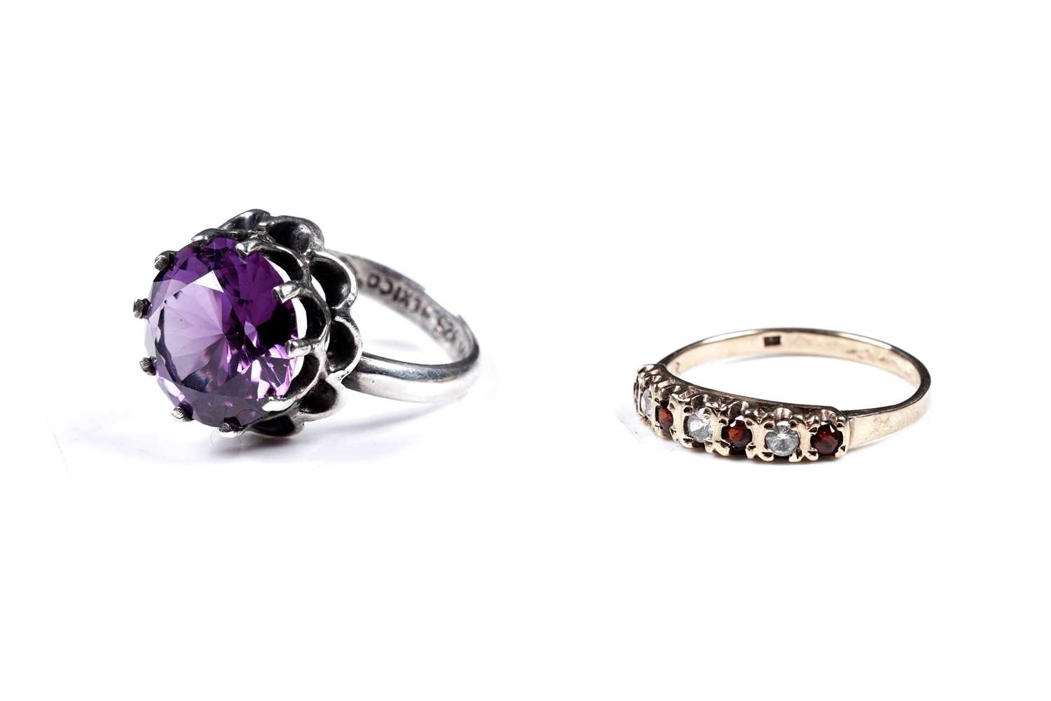 Lot 36 - A white spinel and tourmaline ring, on 9ct; and a Mexican synthetic colour-change sapphire ring