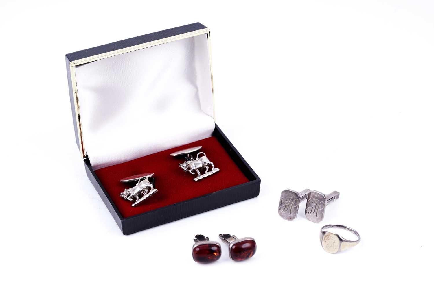 Lot 37 - 20th Century silver cuff links; and a signet ring