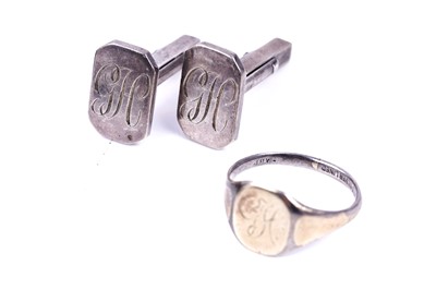Lot 37 - 20th Century silver cuff links; and a signet ring