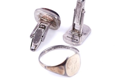 Lot 37 - 20th Century silver cuff links; and a signet ring