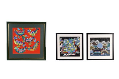 Lot 629 - Chinese Jinshan Peasant Folk Art - Two snowy landscapes and dragon boat racing | gouache