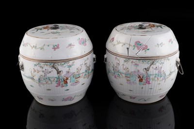 Lot 324 - A pair of Chinese fencai barrel jars and covers